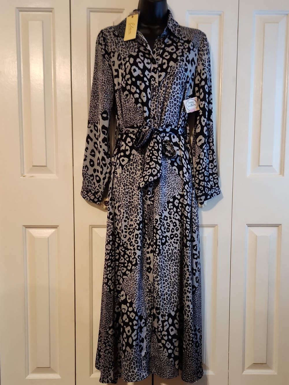 Long Button-Front Shirt Dress in Black & Gray Leopard Print - NWT